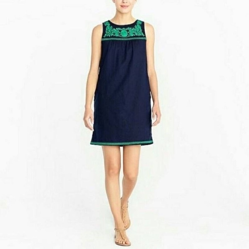 J. Crew Blue/Green Linen Embroidered Tank Dress, sz Sm